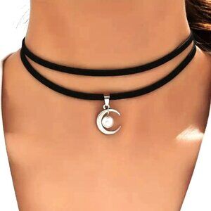 Moon Crystal Choker Necklace Layered Crescent Hippie Goth Rave Punk Boho Suede
